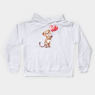 Valentine Cheetah Holding Heart Shaped Balloons Kids Hoodie